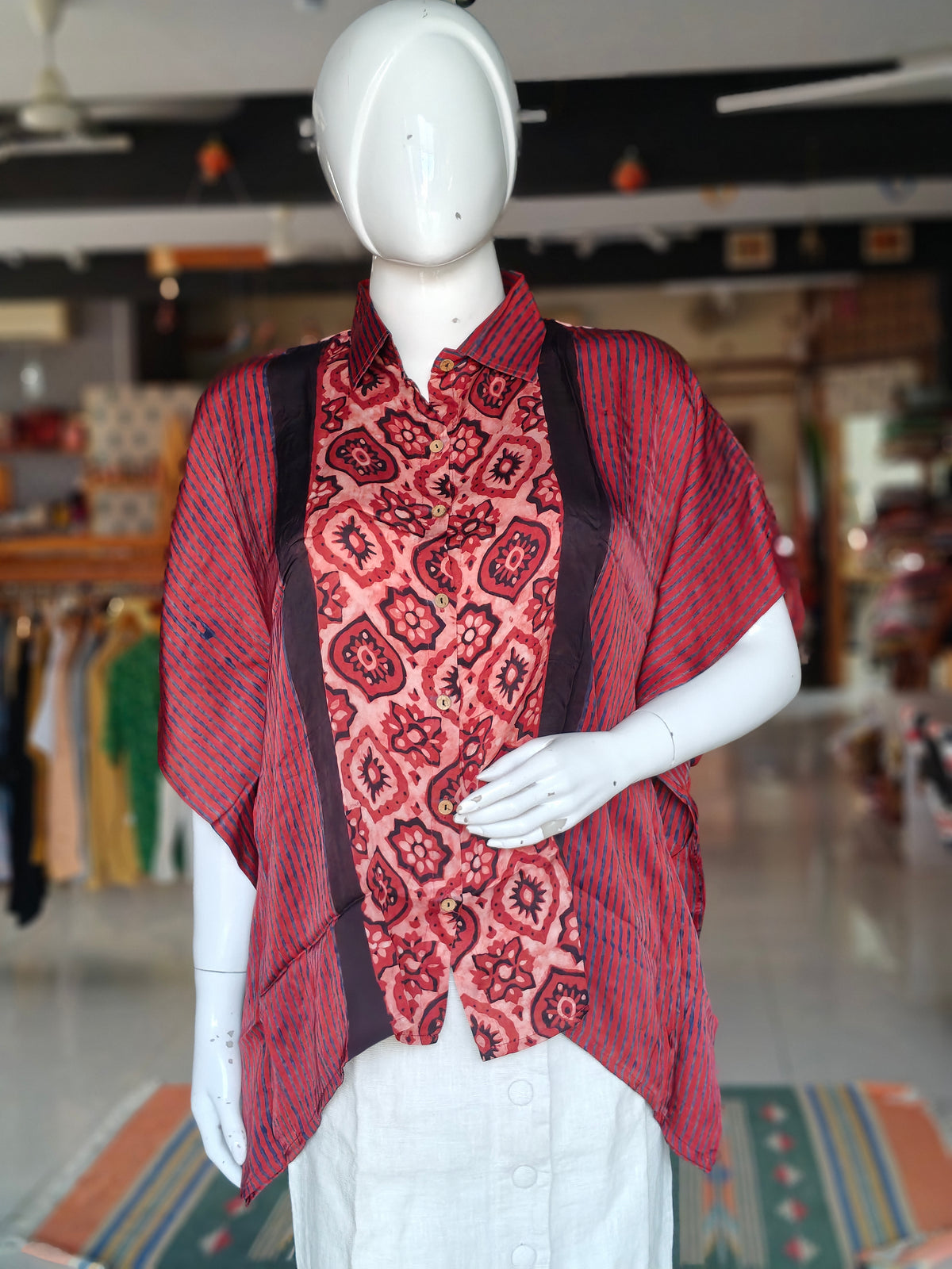 Modal Ajrakh shirt style kaftan top with hand block prints - click to see color options