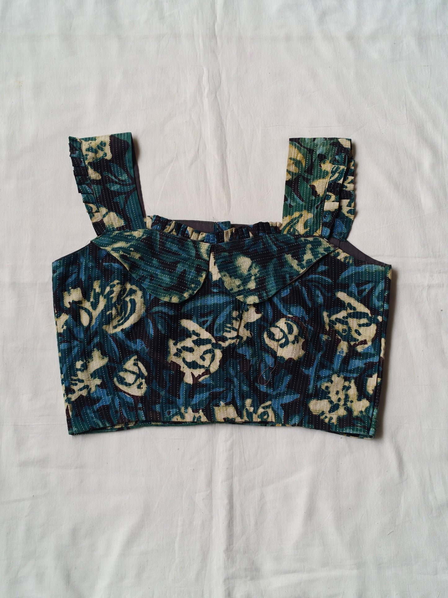 Green floral handblock printed textured cotton sleeveless blouse