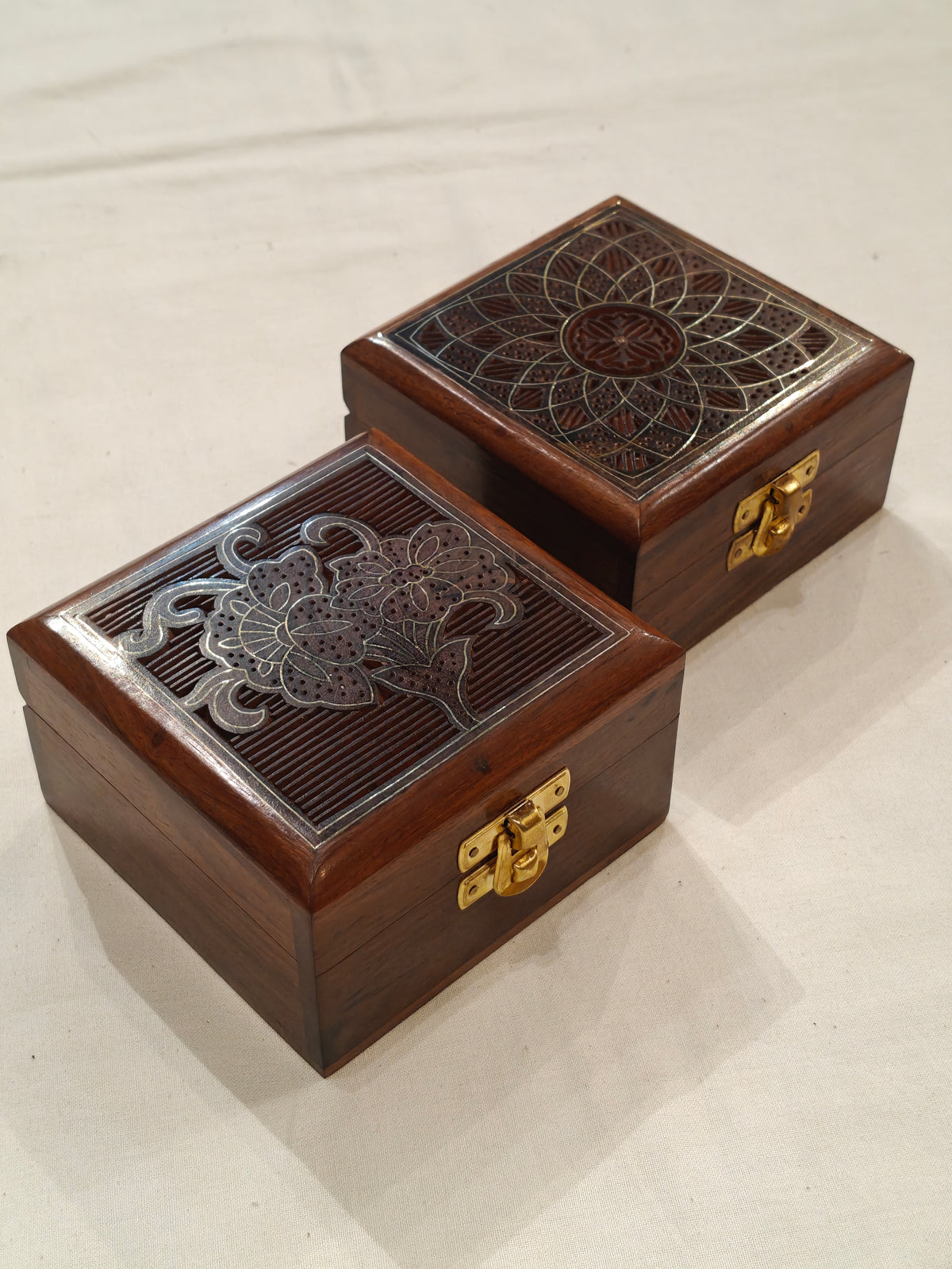 Brass inlay work wooden jewellery box - 4 × 4 × 2 Inches
