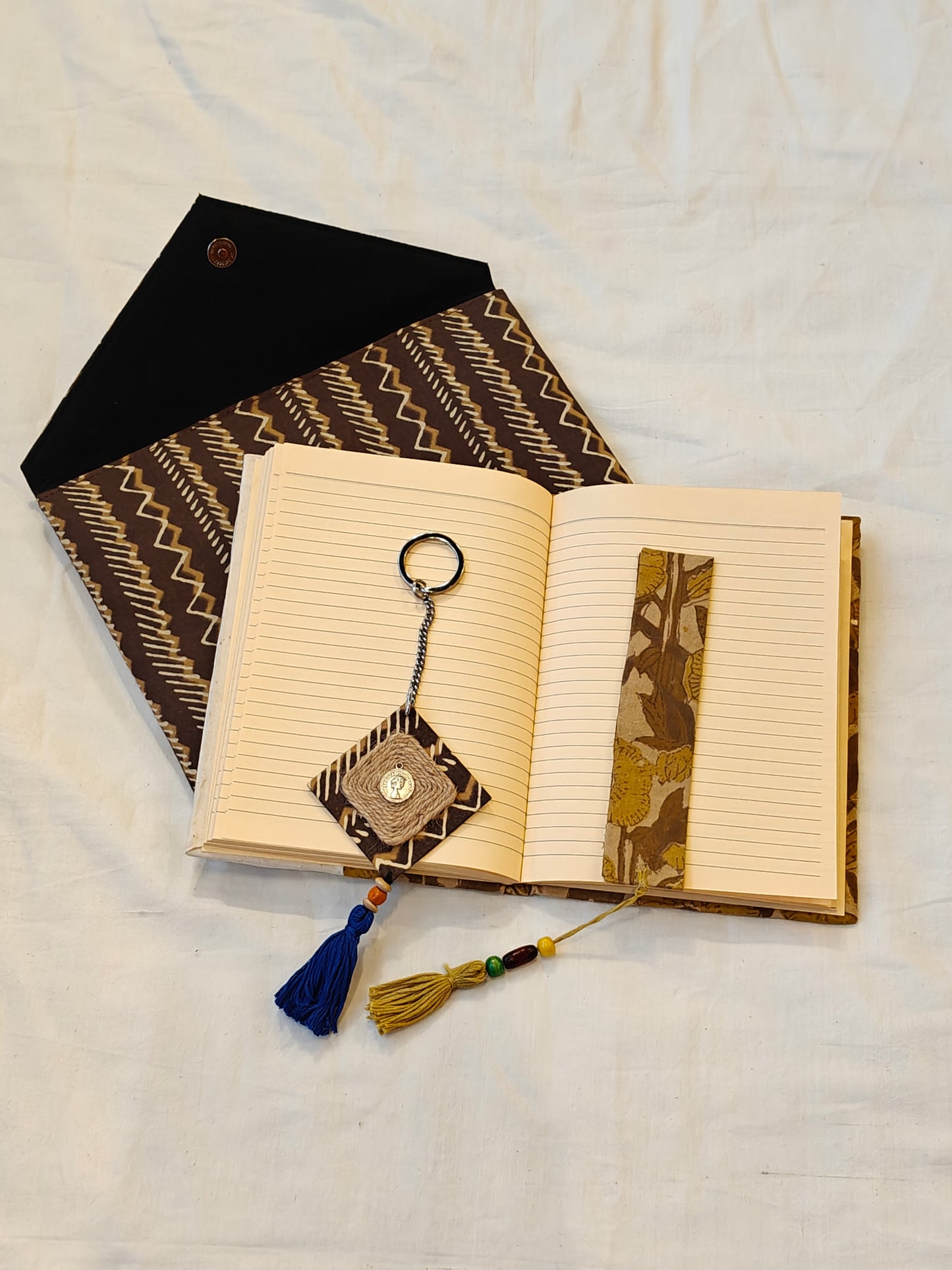 Handmade paper notebook with eco leaf printed fabric cover, hand crafted bookmark, key ring / charm and a container pouch - 4 piece gift set