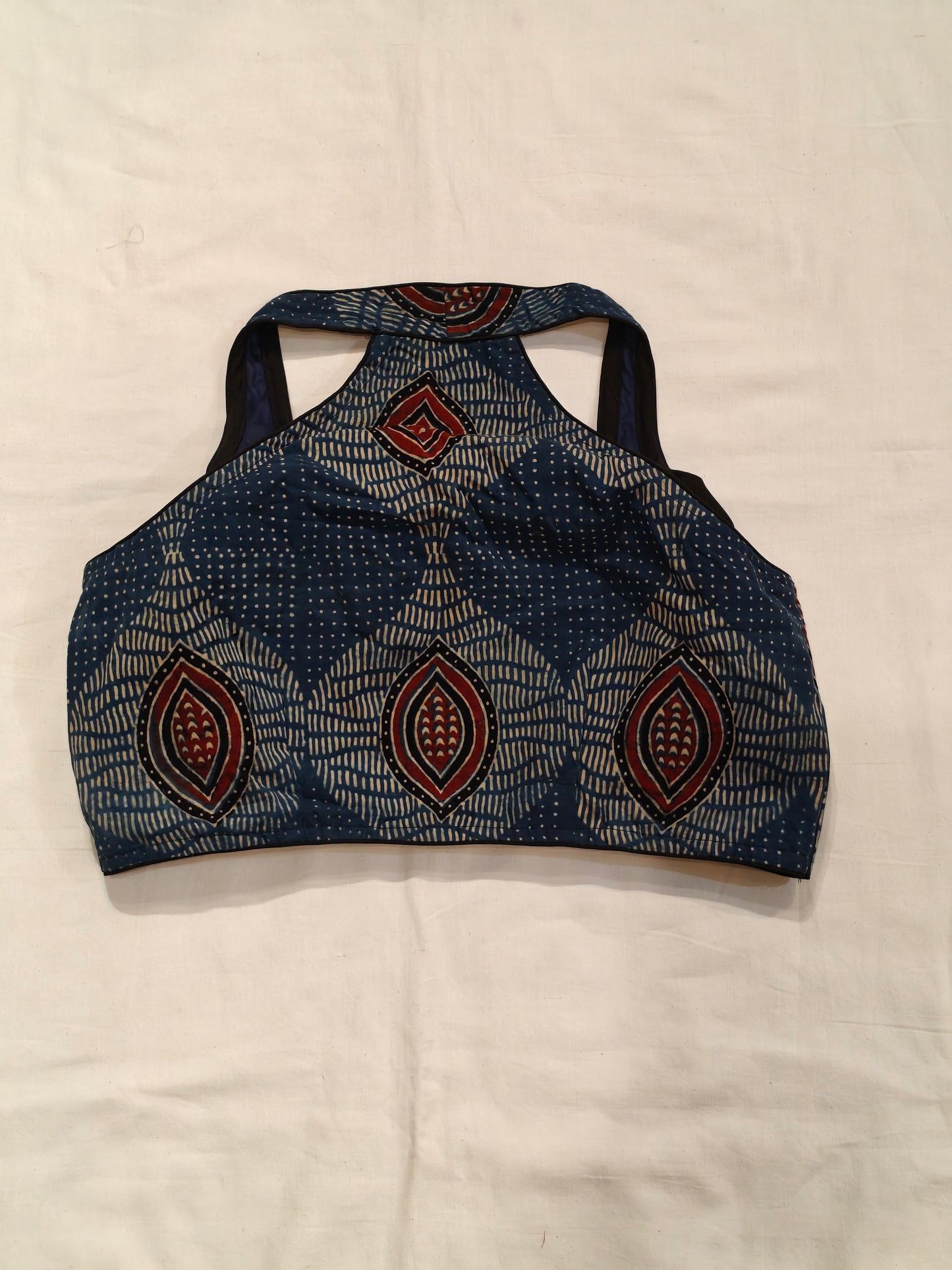 Indigo n maroon Ajrakh handblock printed halter neck blouse