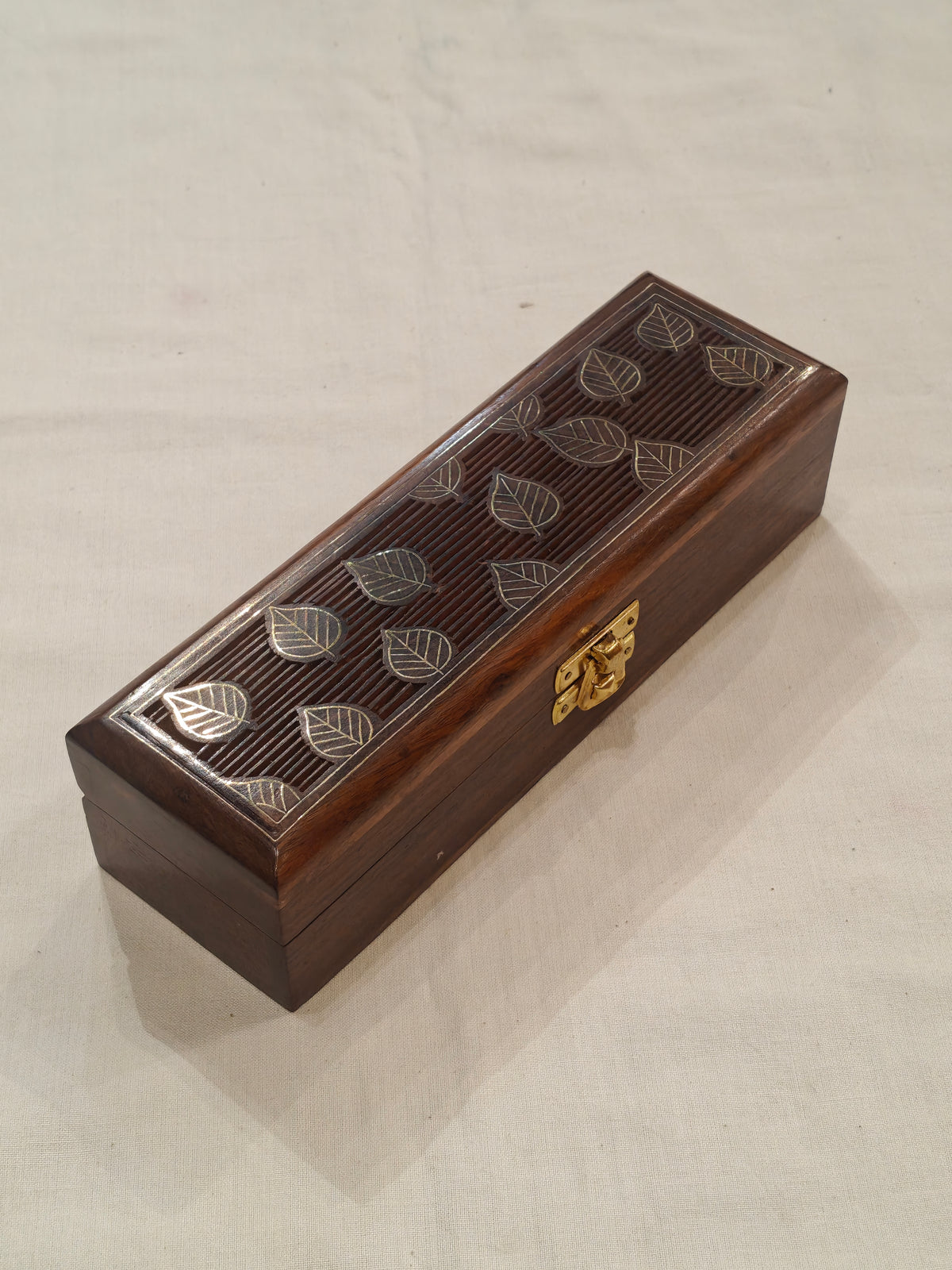 Leaves brass inlay work wooden jewellery box