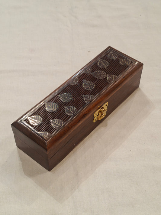 Leaves brass inlay work wooden jewellery box