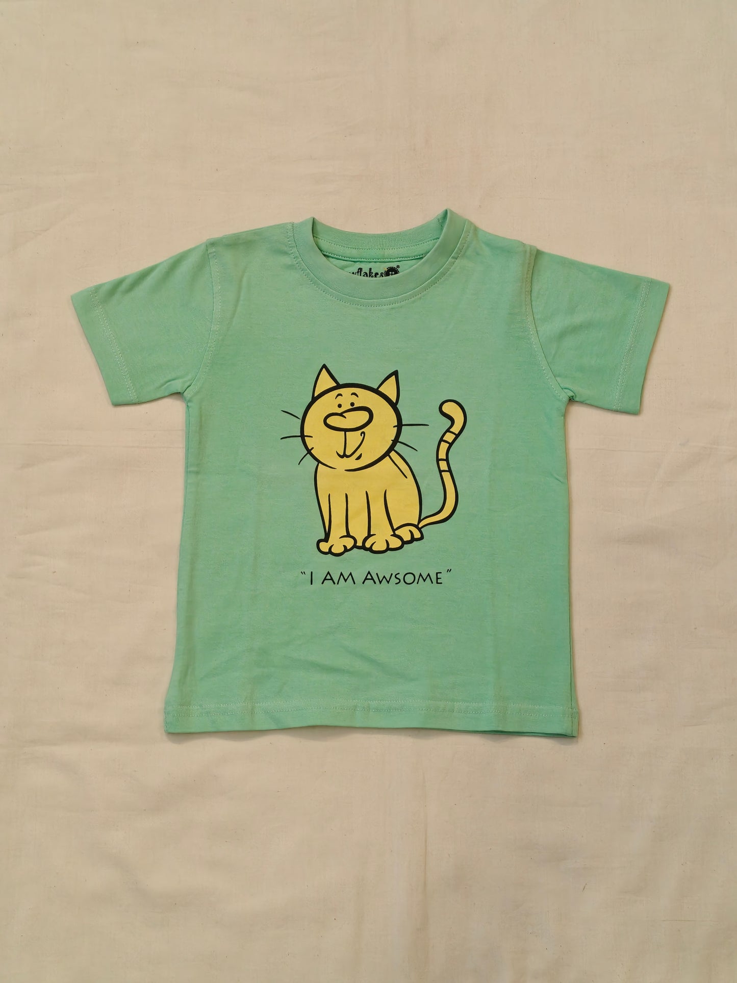Light green cotton tshirt for kids with kitten / cat print
