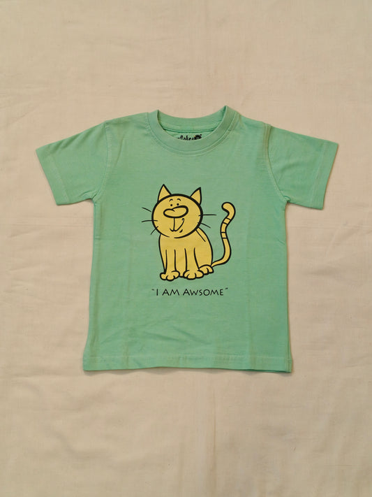 Light green cotton tshirt for kids with kitten / cat print
