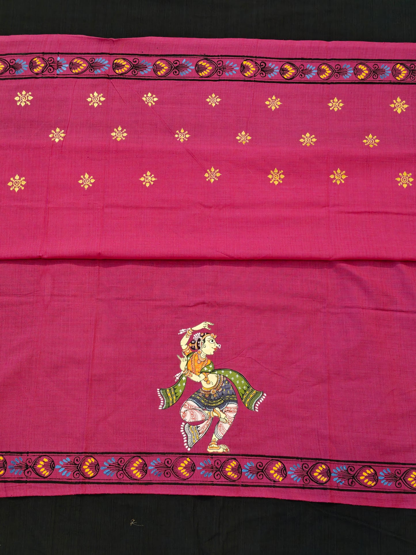 Patachitra hand-painted unstitched blouse piece with back and sleeves design - Handwoven cotton base