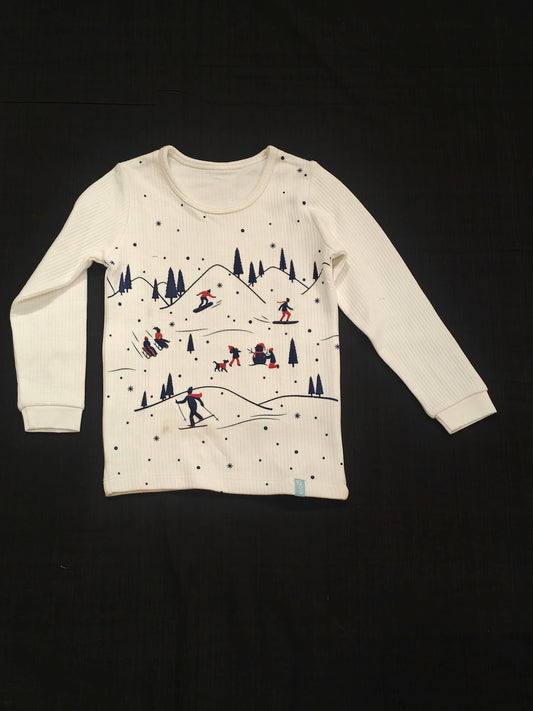 White skiing print full sleeves thermal tshirt for kids
