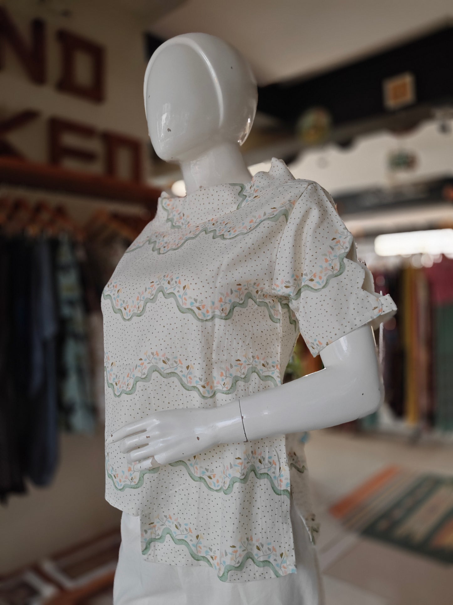 White green floral and polka dots digital printed handowoven soft top