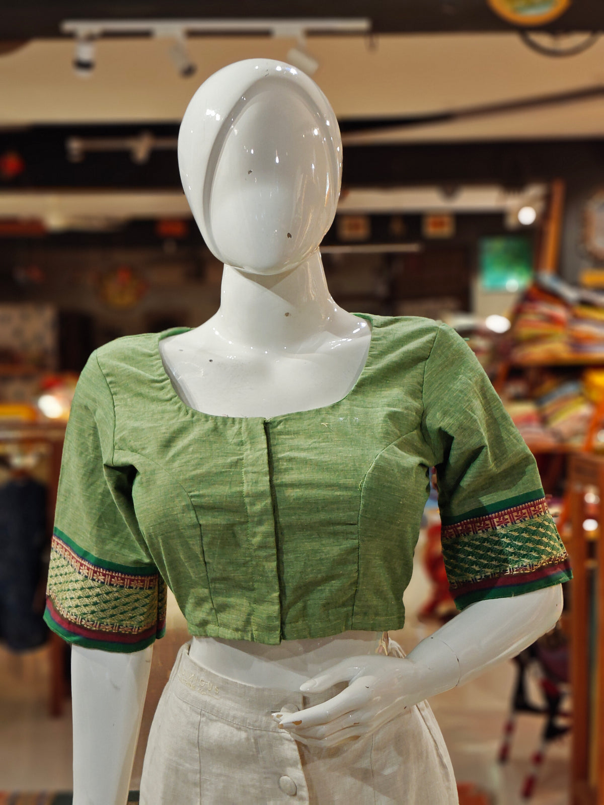 Green elbow sleeves cotton blouse with contrasting borders on sleeves