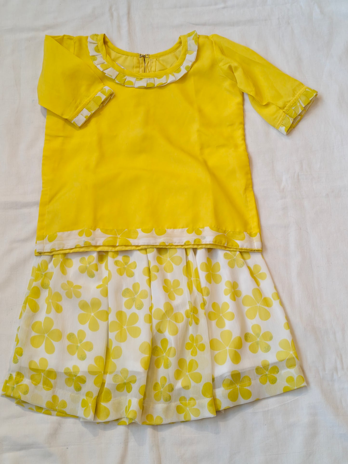 Citrus Yellow top and chiffon skirt set featuring floral patterns