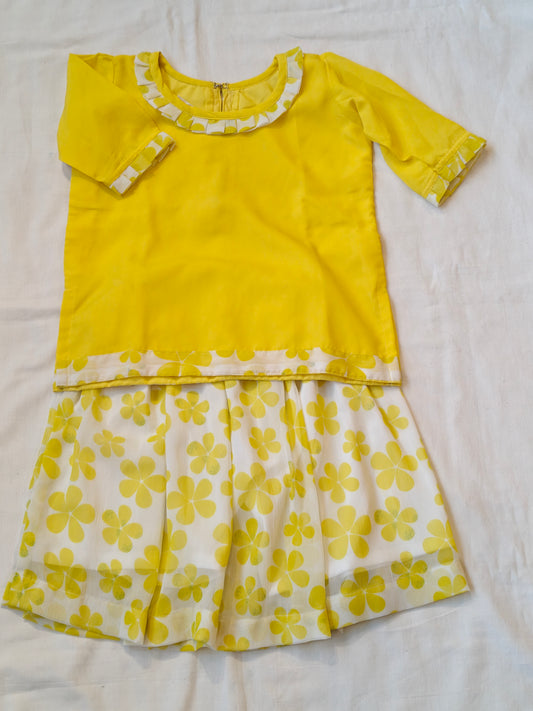 Citrus Yellow top and chiffon skirt set featuring floral patterns