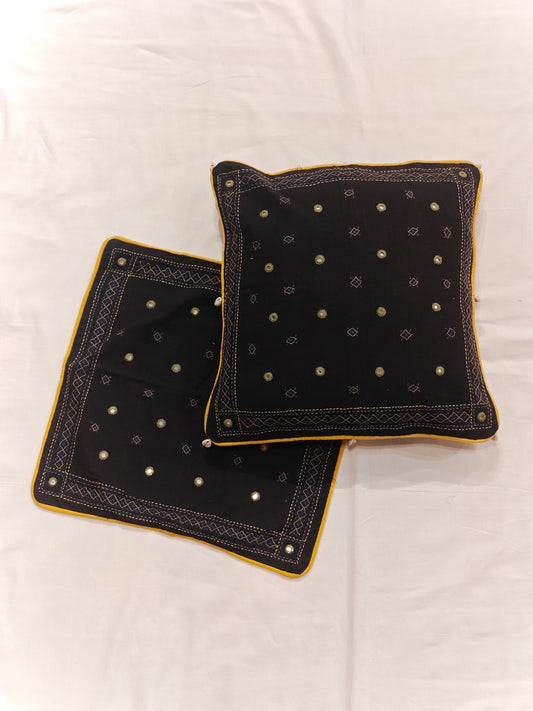 Black cushion cover with mirror hand embroidery and shells