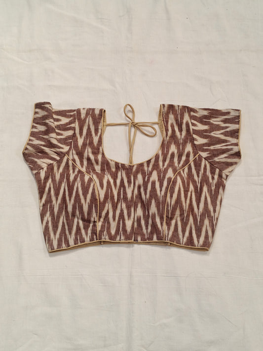 Brown n cream zig zag pattern ikat cotton padded blouse with dori