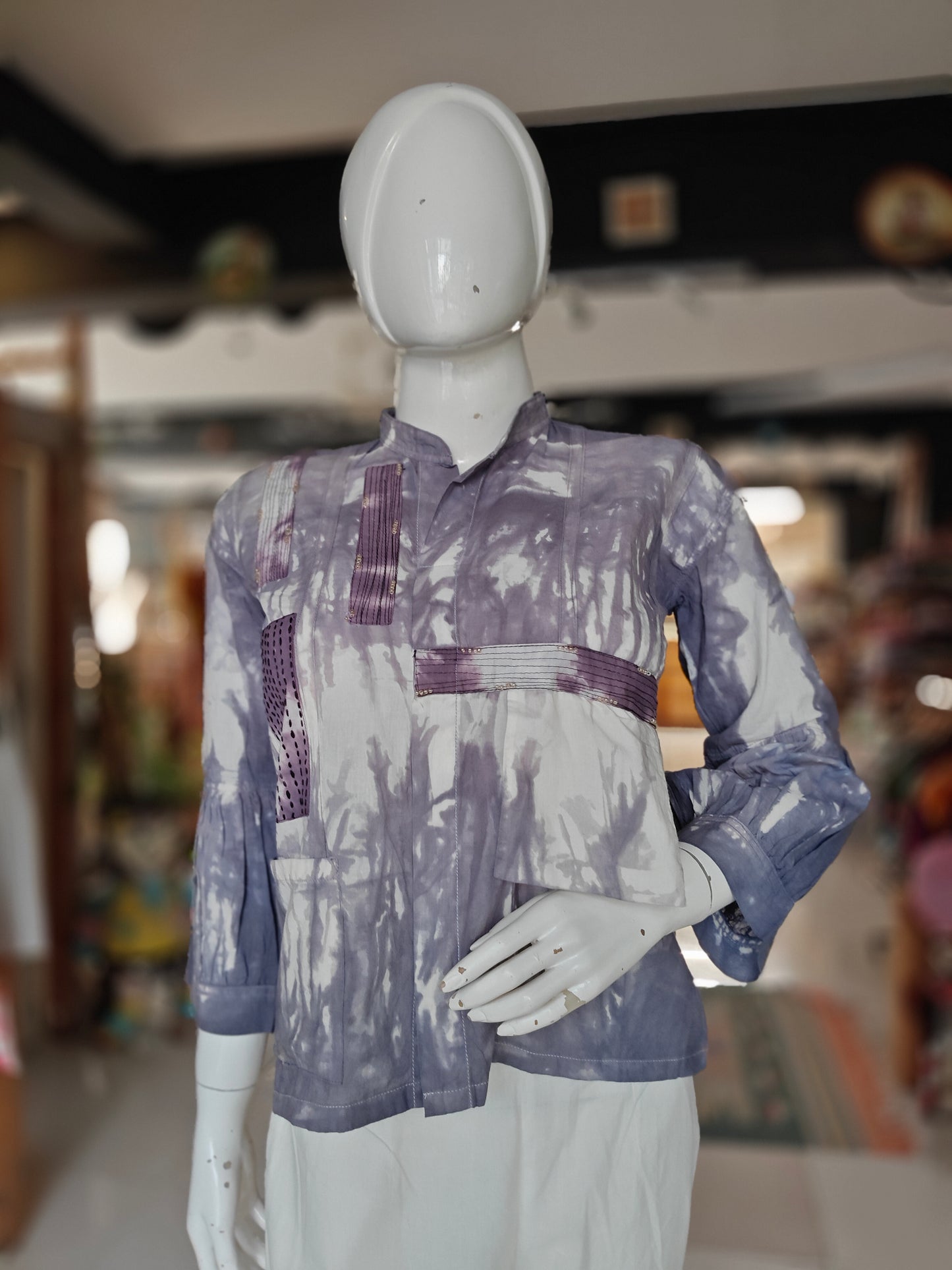 Blue and white tie and dye cotton top with hand embroidery