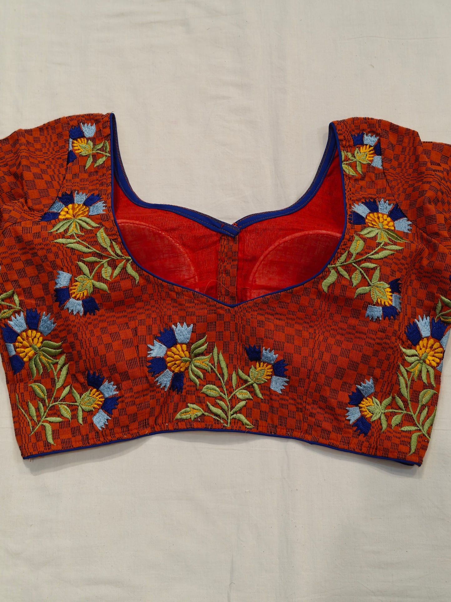 Cotton checkered blouse with floral embroidery, low back - color options available