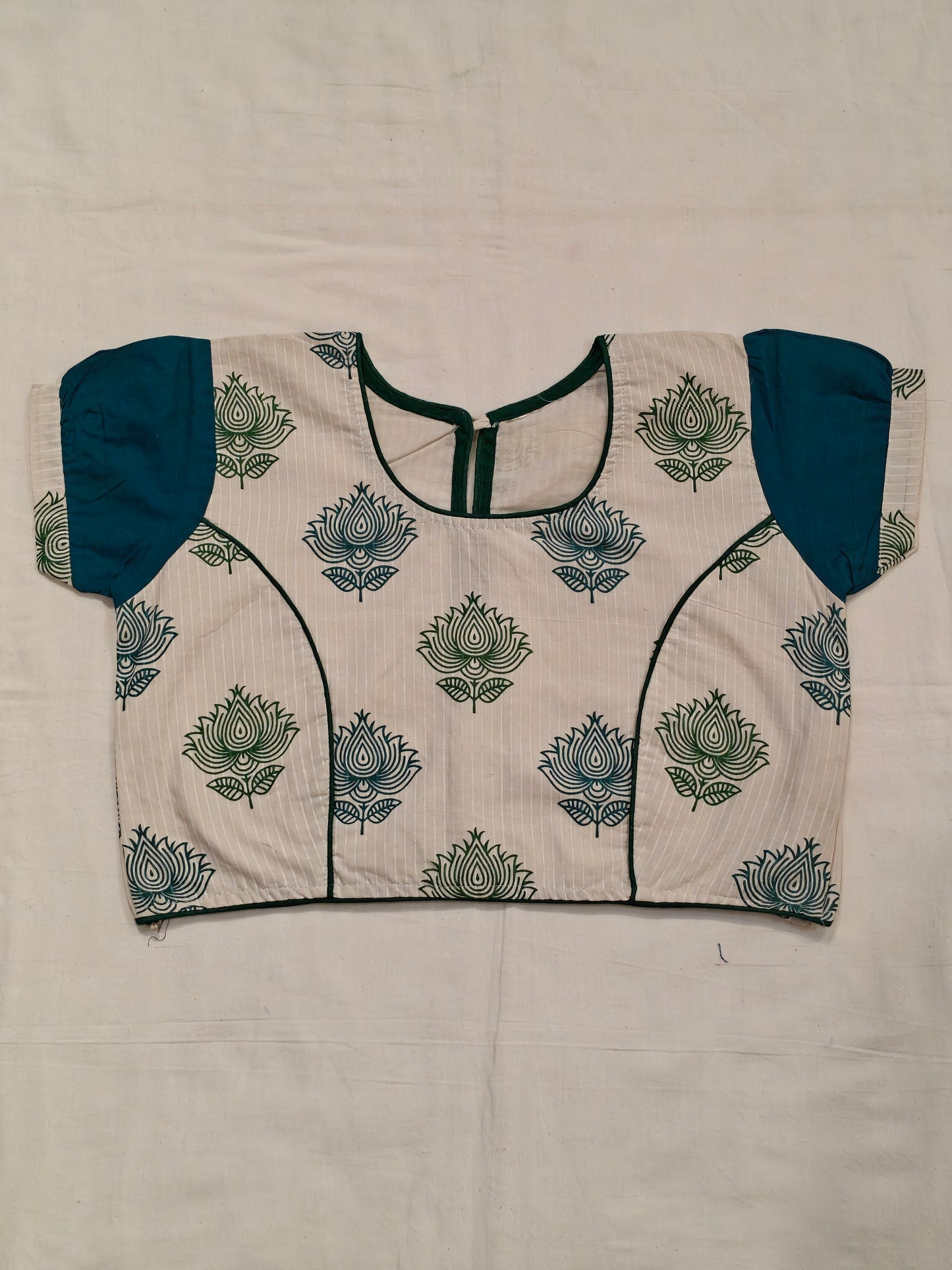 White cotton handblock printed short sleeves blouse with green Lotus prints