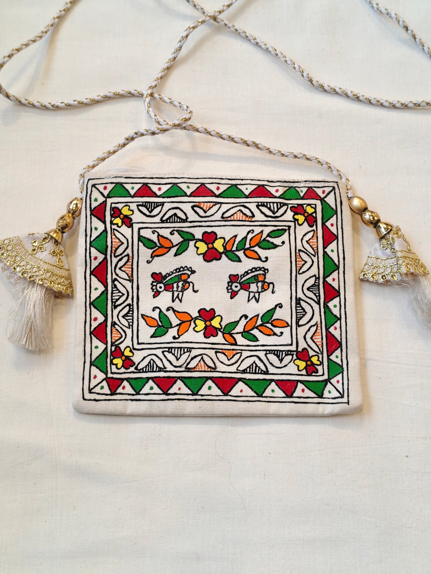 Handpainted on off white base fabric pouch with zipper closure, Tassles and sling - multiple designs available