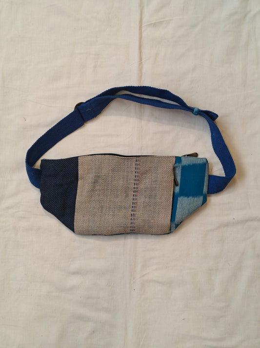 Waist fanny pack with multicolour fabric panels - Handmade jute bag