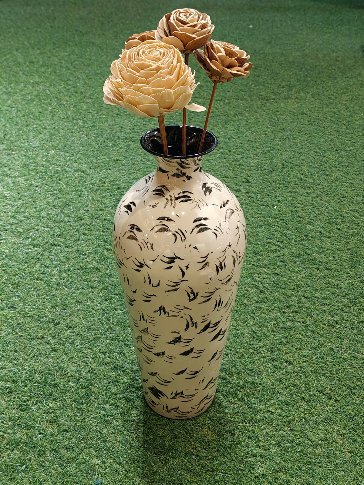 Cream (16.5 Inches) metal vase with black falling leaves printed