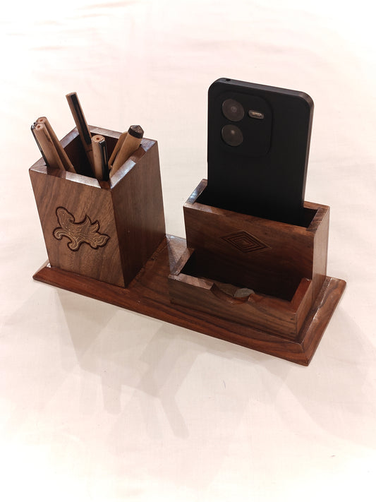 Brass inlay work wooden multipurpose desk organizer