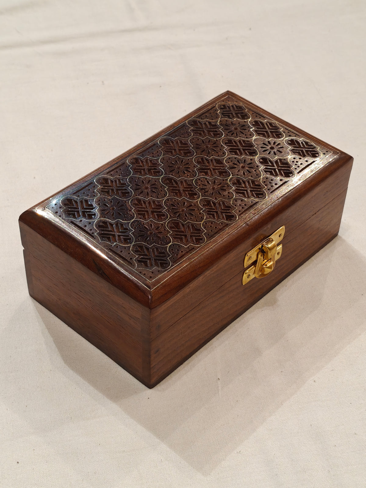Brass inlay work wooden jewellery box - 6 × 3.5 × 2.5 Inches