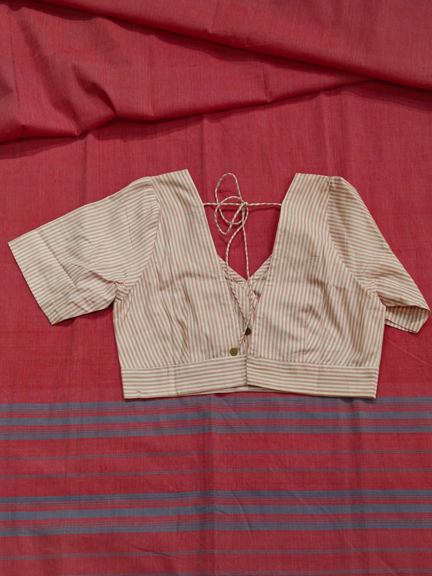Hand spun , hand woven cotton V-neck blouse with back dori - colour options available