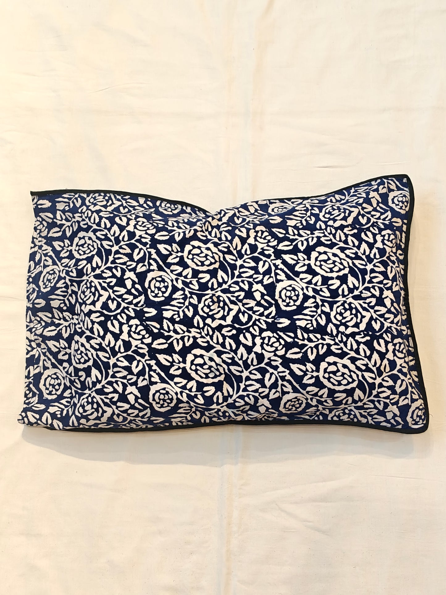 Blue and white floral hand block printed pillow cover