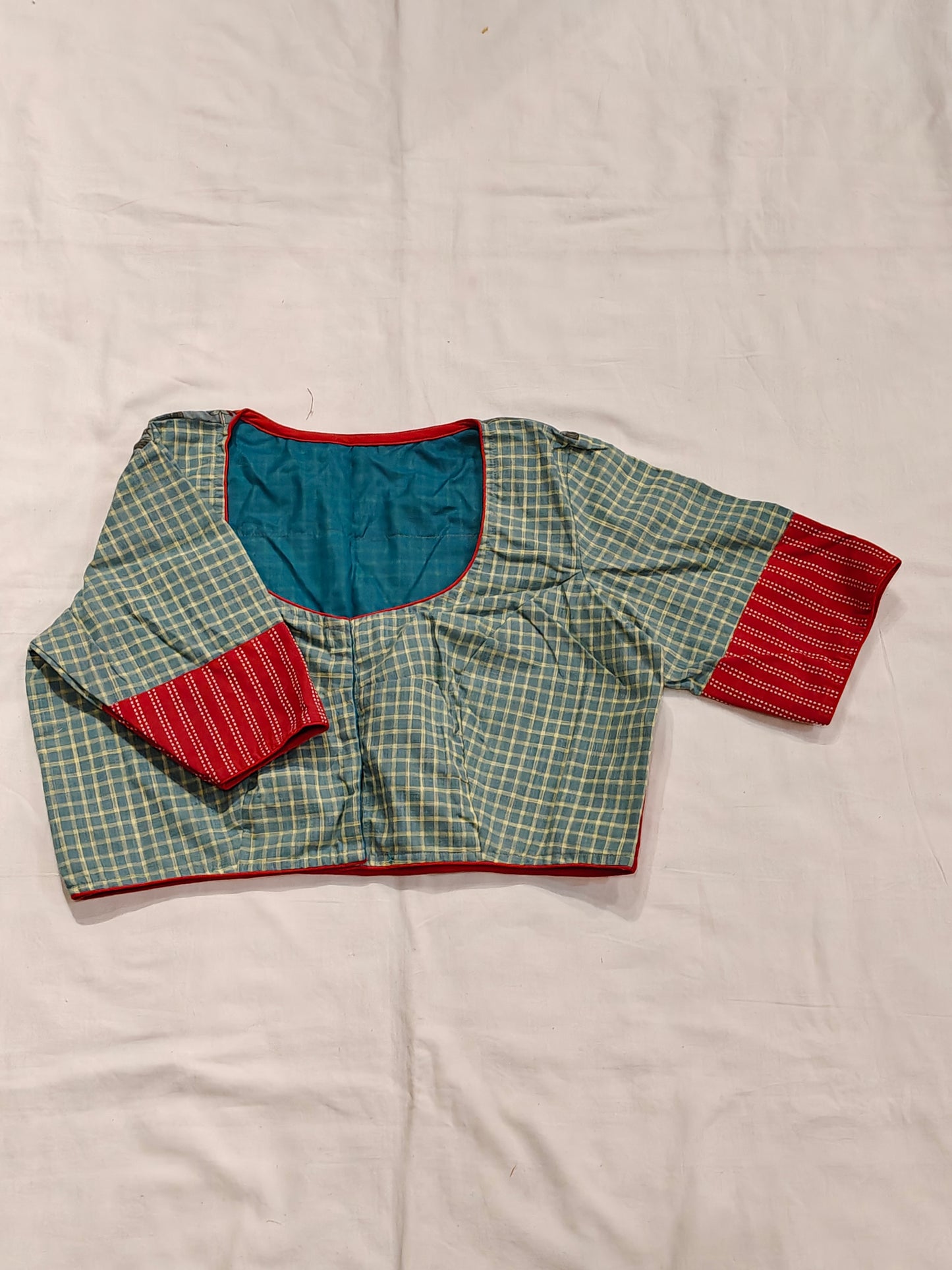 Sea green n orange floral checkered cotton elbow sleeves blouse