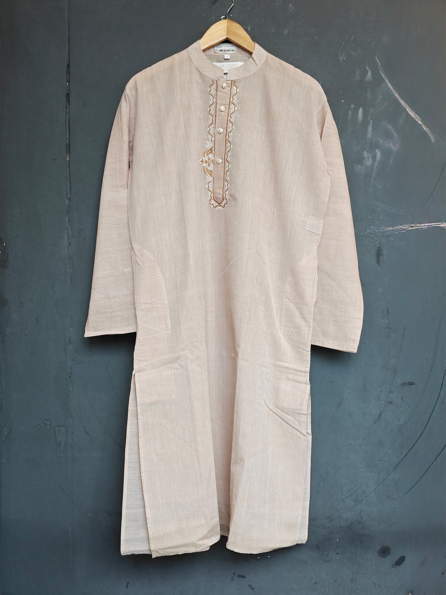 Cream Mangalagiri cotton embroidered long kurta for men