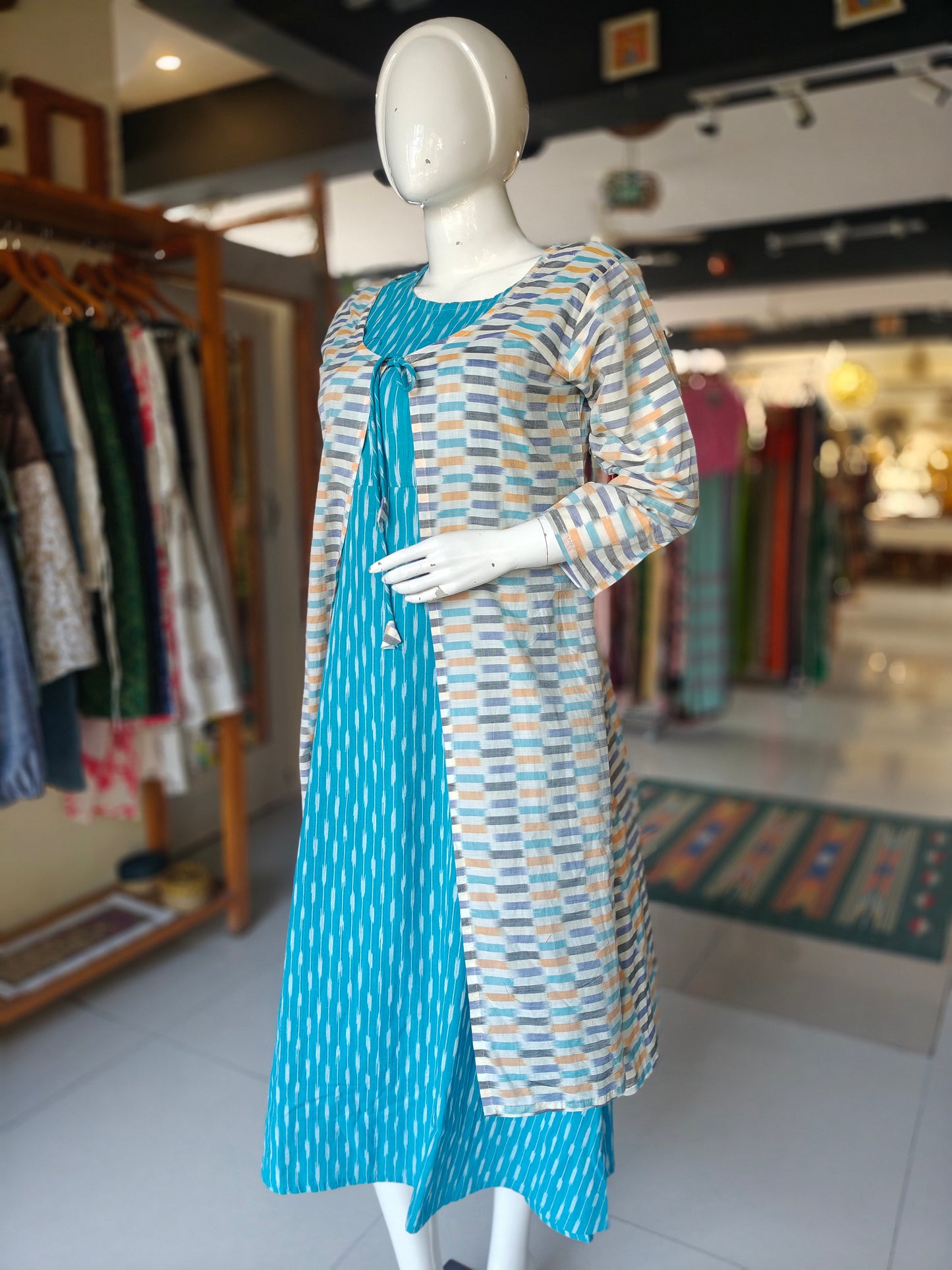 Sky blue ikat cotton dress with white ikat long jacket - 2 piece set