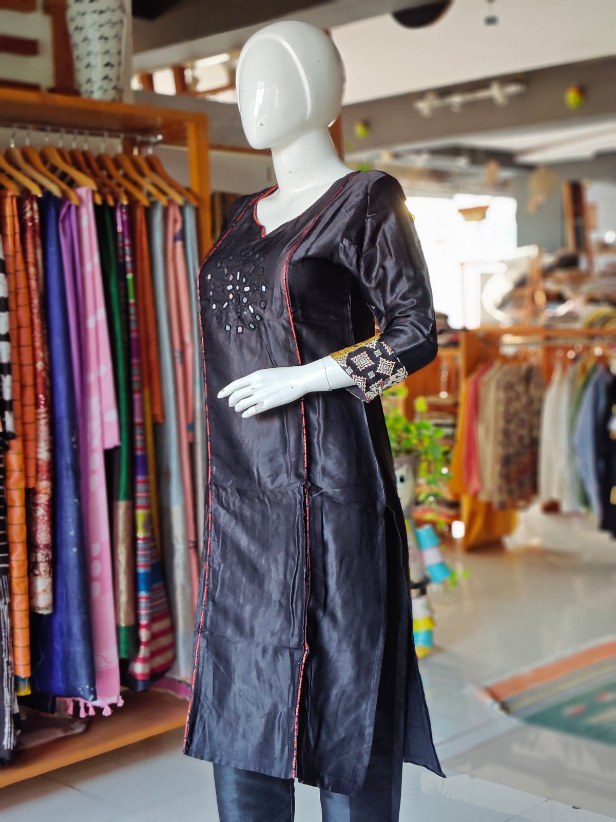 Black mirror work mashru kurti with Ajrakh prints on sleeves