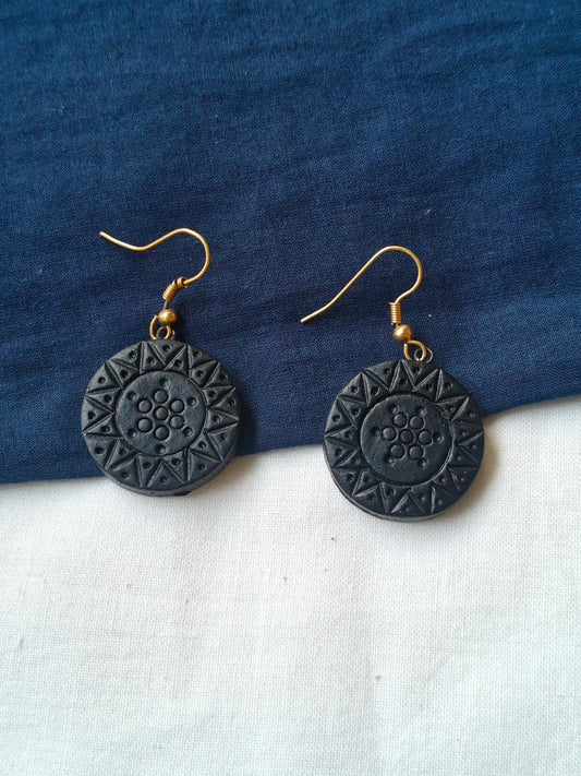 Scorching sun in black handcrafted, handpainted terracotta hook earrings