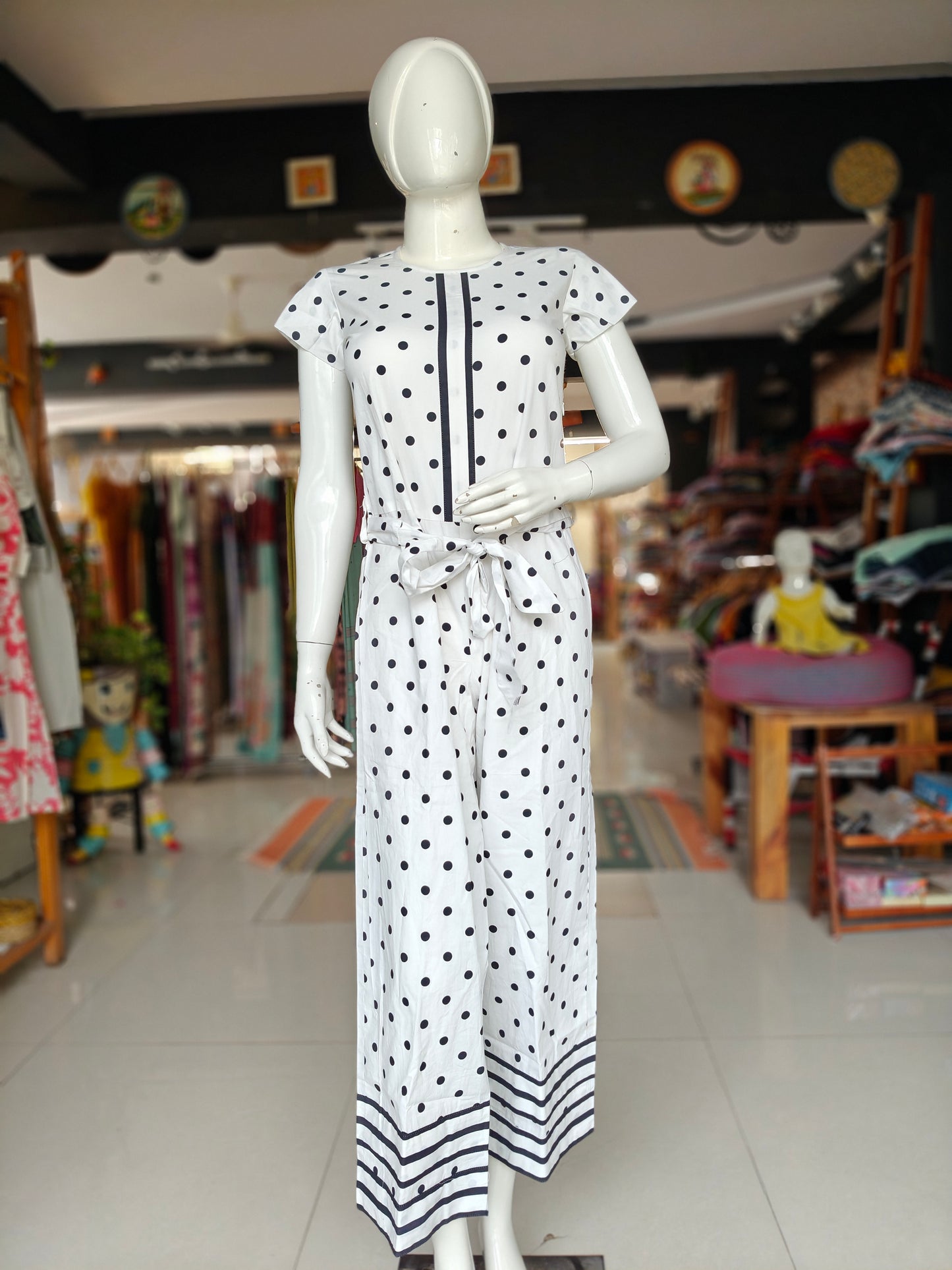 Black and white polka dots printed jump suit