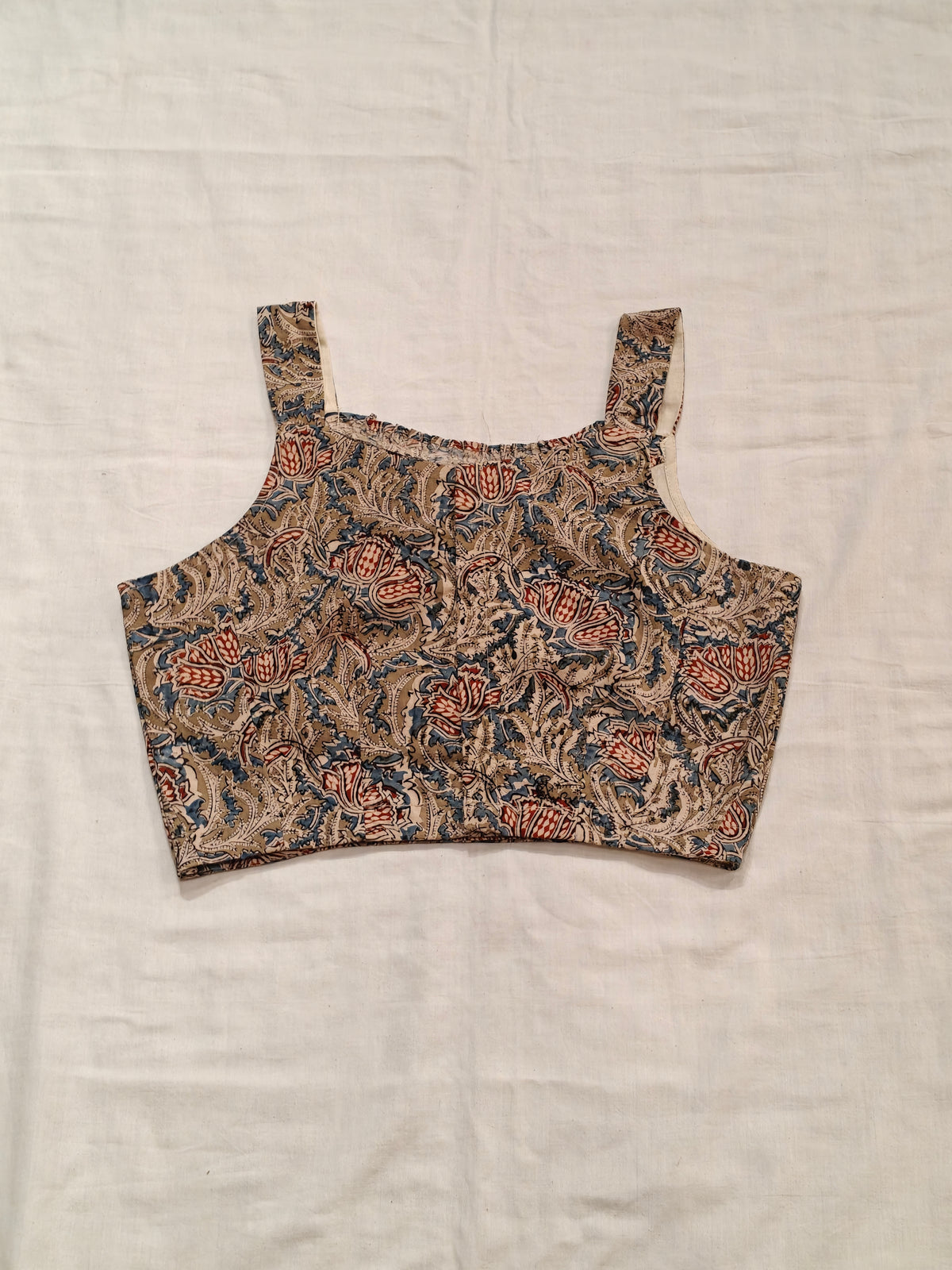 Red olive and beige kalamkari hand block printed floral printed cotton blouse  - back open, sleeveless