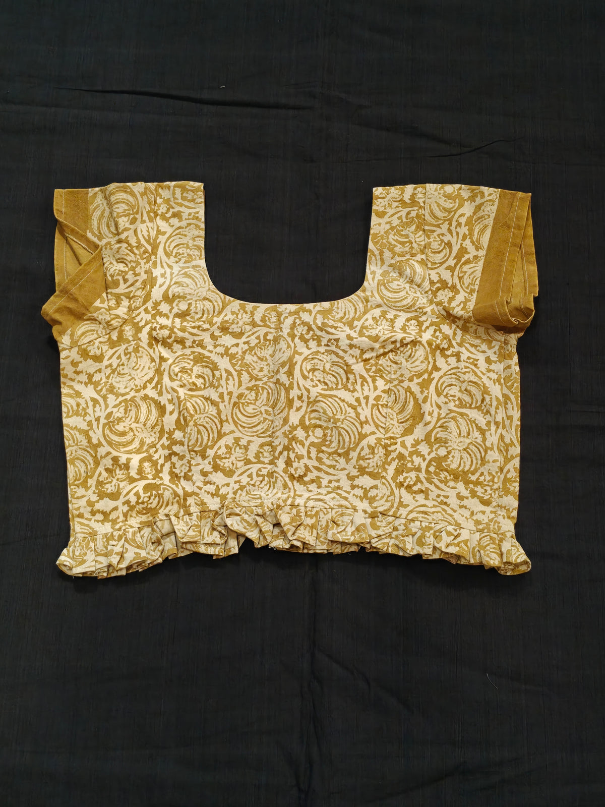 Beige and olive short sleeved cotton blouse with frills - front open