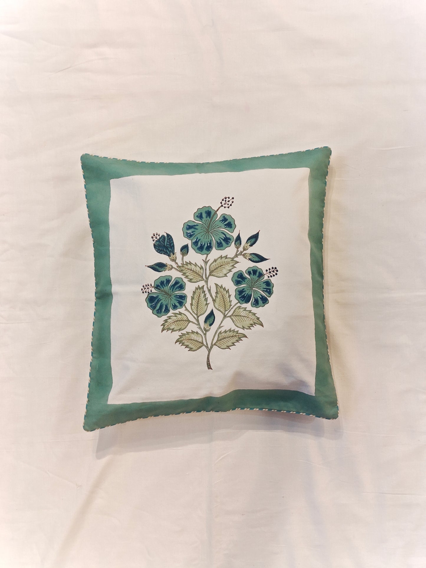 Sea green flowers handblock printed cushion cover