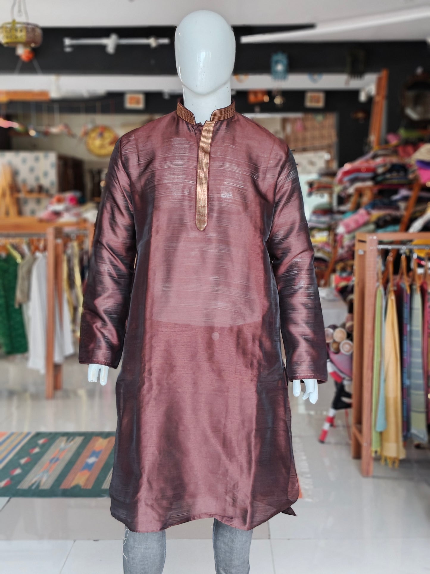 Brown placket gold thread embroidered full sleeves long kurta for men