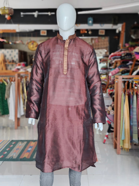 Brown placket gold thread embroidered full sleeves long kurta for men