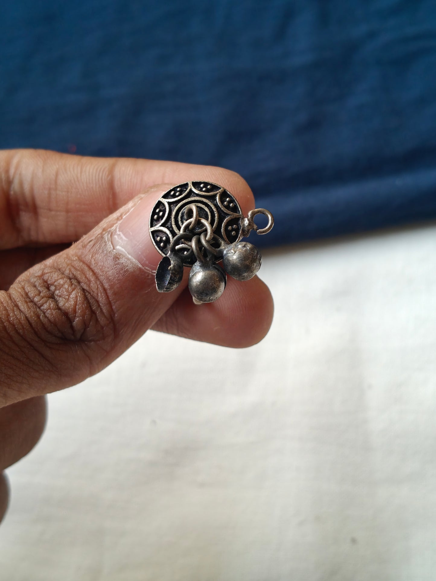 Traditional motifs oxidised look finger ring with ghungroos