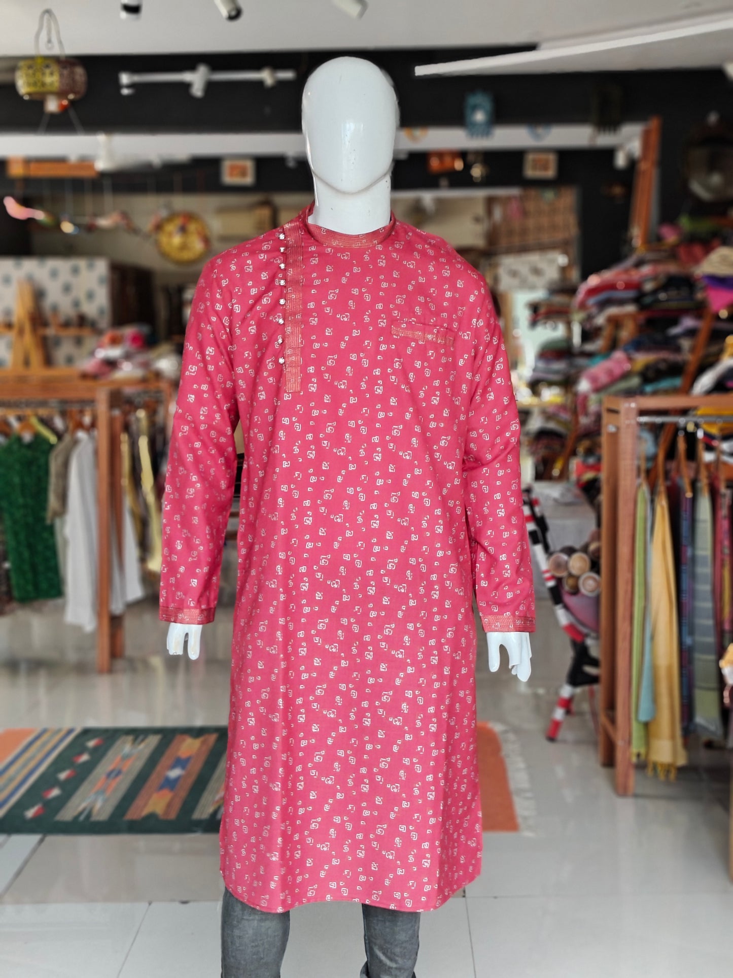Maroon printed side buttoned cotton full sleeves long kurta for men