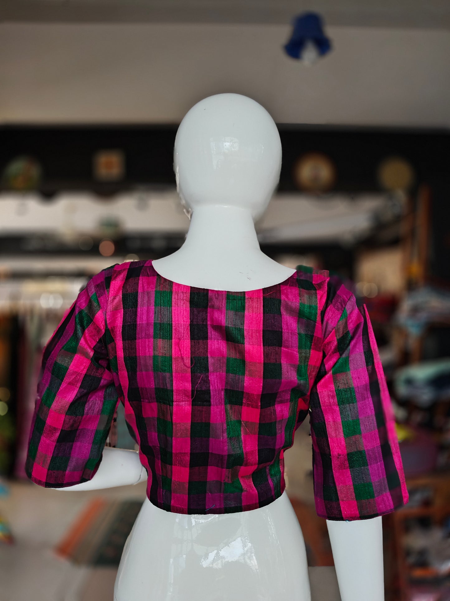 Green, purple and pink checkered handwoven pure silk elbow sleeved blouse