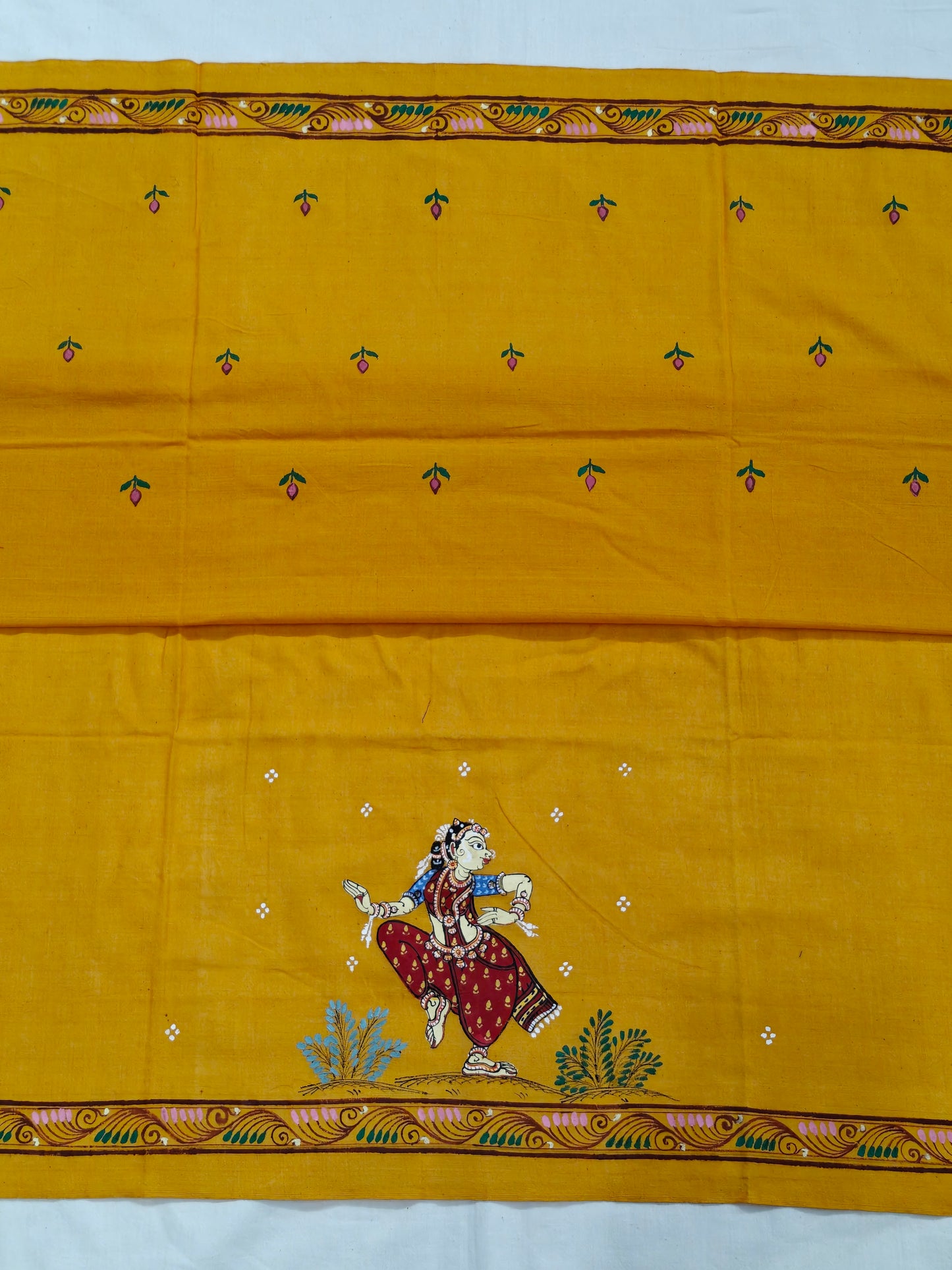 Patachitra hand-painted unstitched blouse piece with back and sleeves design - Handwoven cotton base
