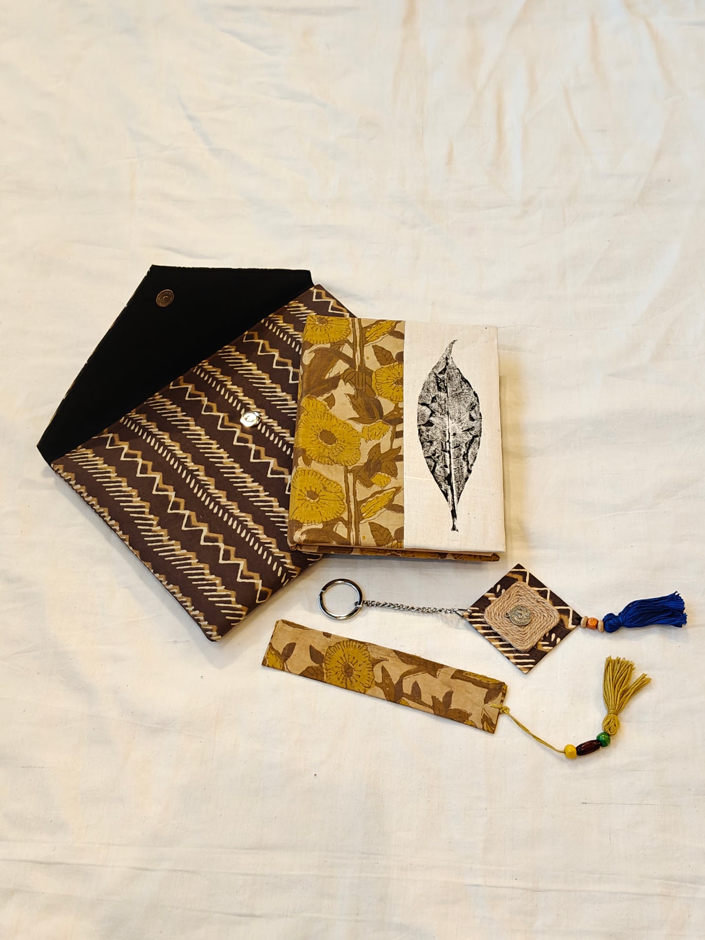 Handmade paper notebook with eco leaf printed fabric cover, hand crafted bookmark, key ring / charm and a container pouch - 4 piece gift set