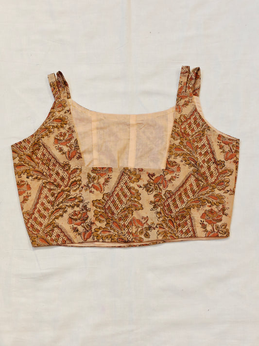 Kalamkari zig zag floral design on cream base blouse