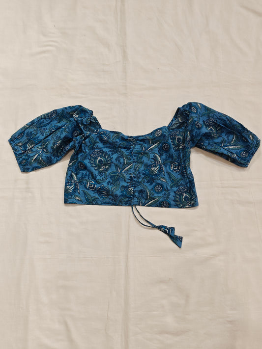 Blue floral hand block printed cotton elastic crop top / blouse