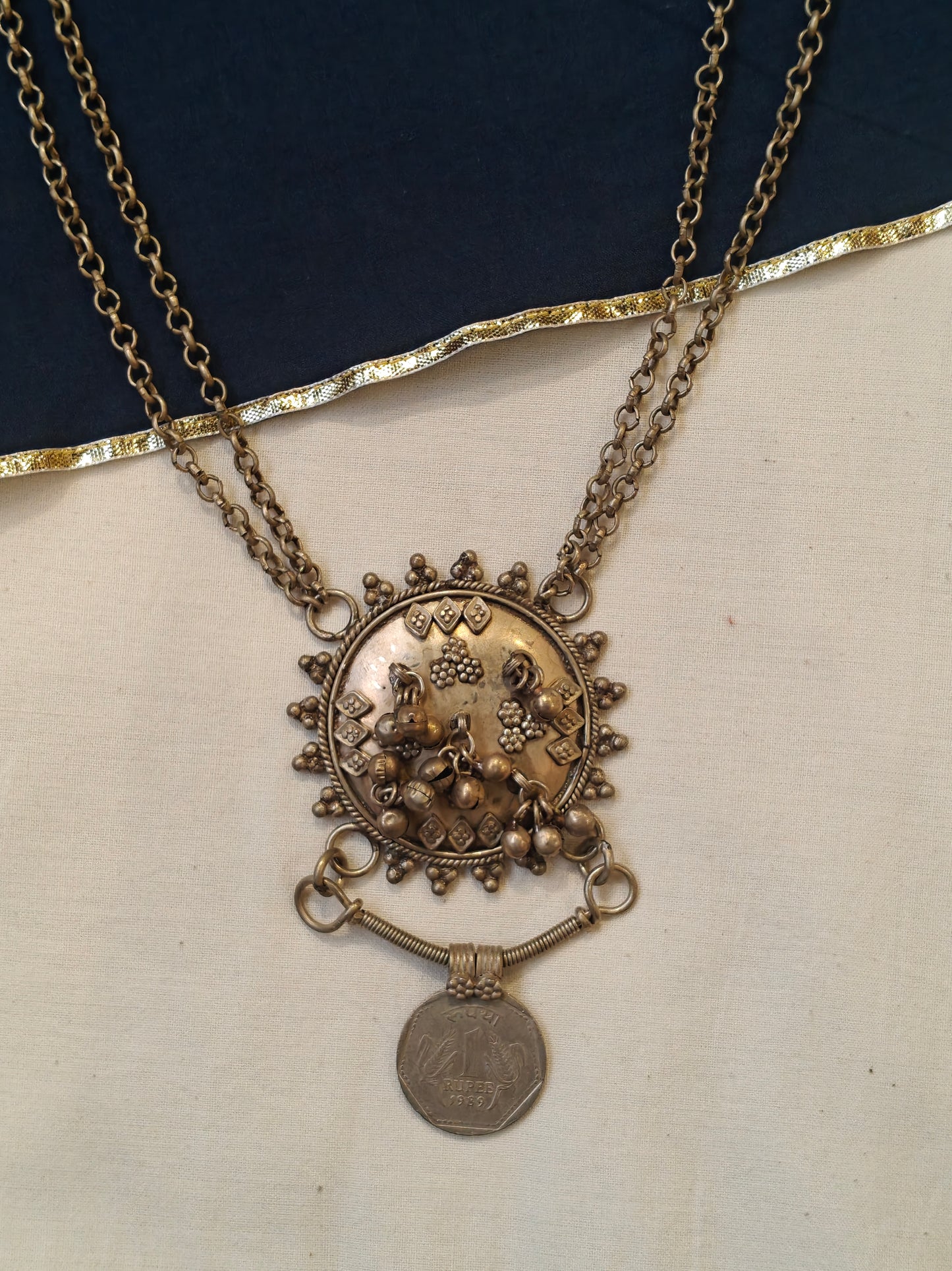 Circular pendant with ghungroos and 1 rupee coin handcrafted necklace