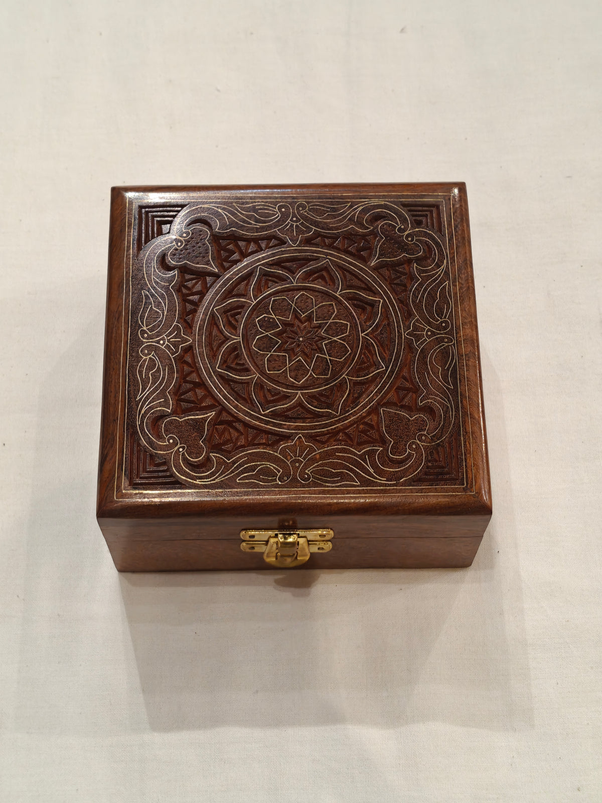 Brass inlay work wooden jewellery box - 5 × 5 × 2.5 Inches