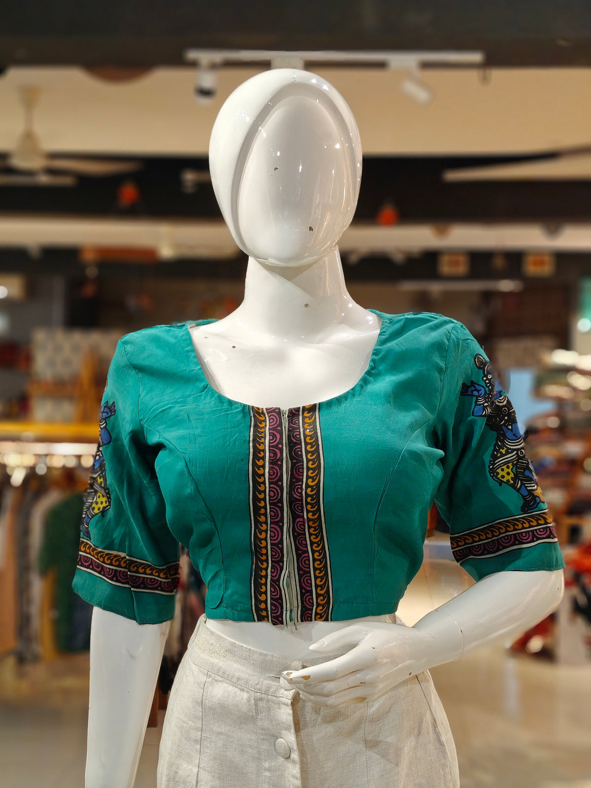 Teal green sleeves n back hand-painted pen kalamkari silk blouse