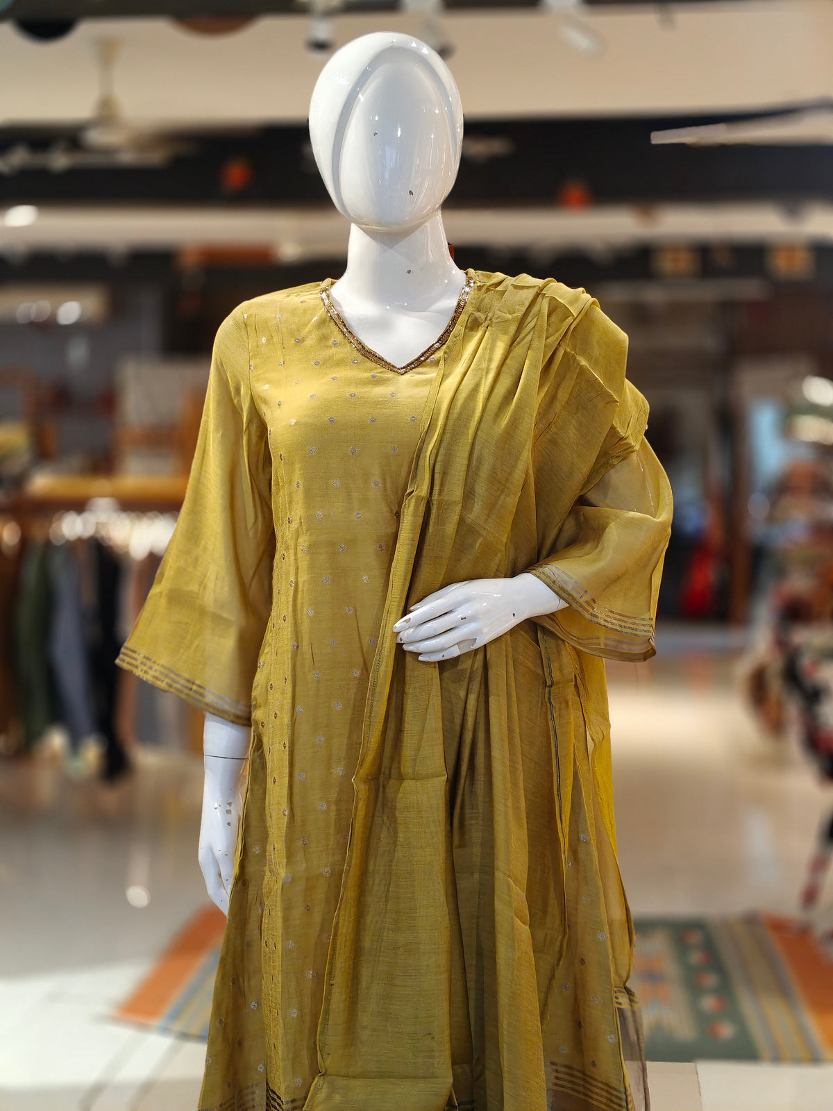 Mustard yellow mul chanderi silk 3 piece set: a-line kurti, pants n dupatta