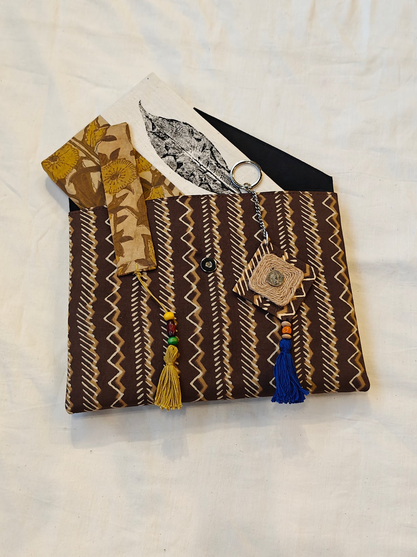 Handmade paper notebook with eco leaf printed fabric cover, hand crafted bookmark, key ring / charm and a container pouch - 4 piece gift set
